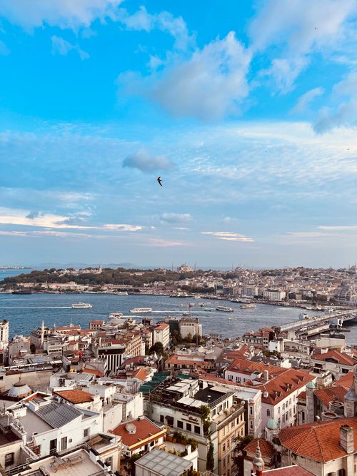 Free Stunning aerial view of Istanbul, showcasing Bosphorus and urban landscape under a bright blue sky. Stock Photo