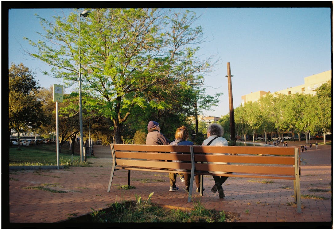 Two people sitting on a bench in a park