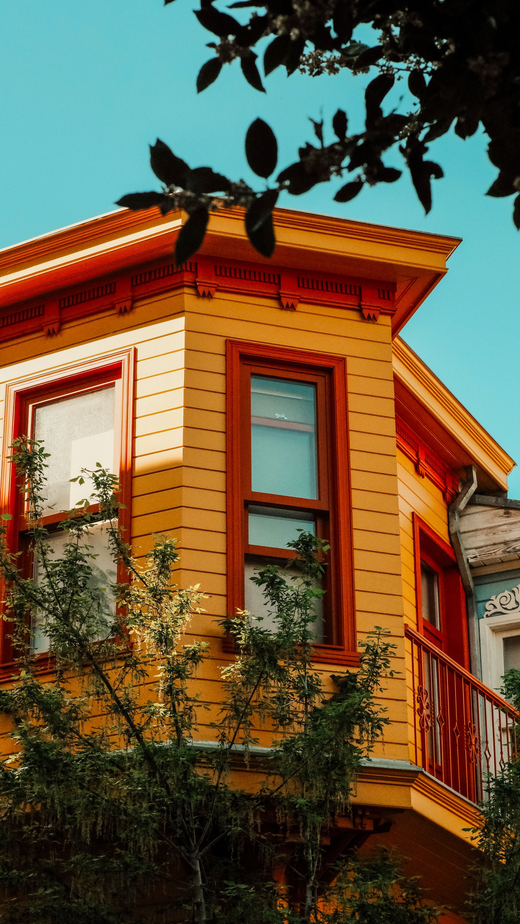A freshly painted timber house exterior in warm orange with crisp white trim against a clear blue sky