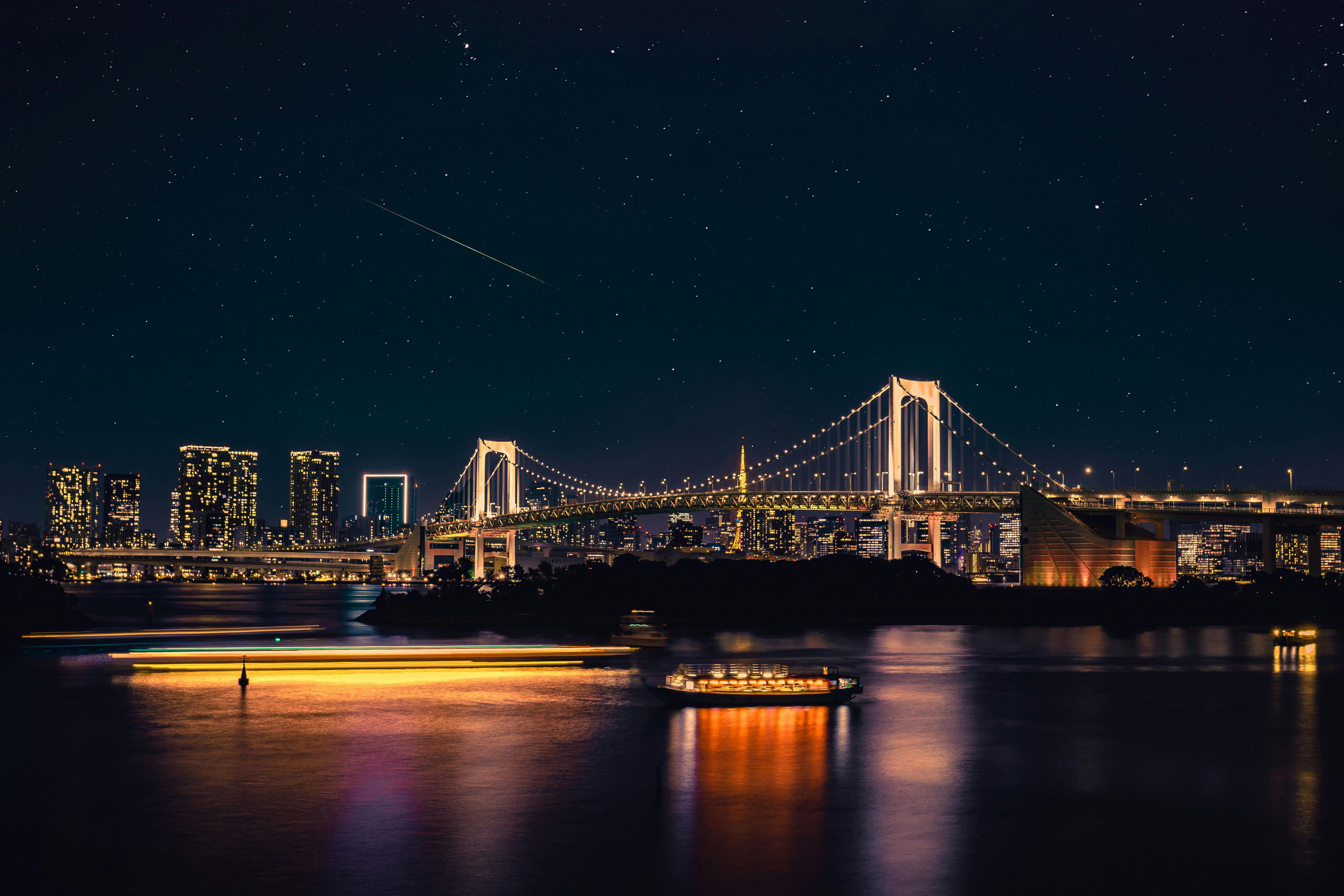 body of water across bridge during nighttime