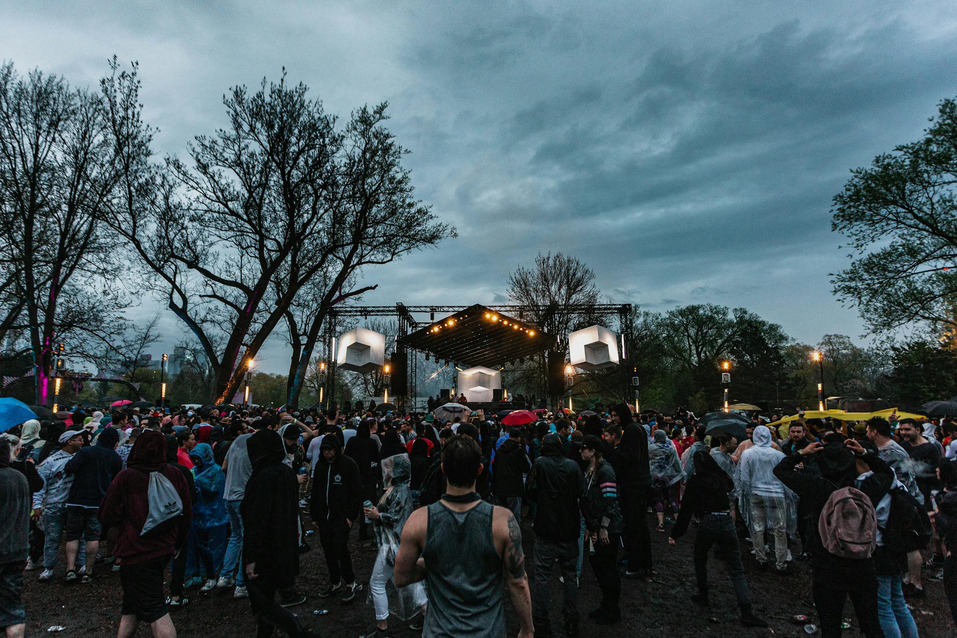 A vibrant crowd gathers at an outdoor music festival under dramatic cloudy skies.