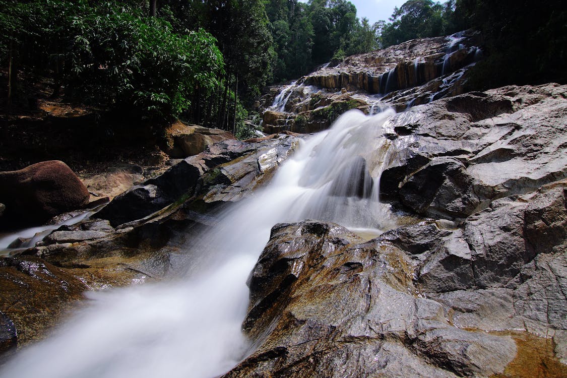бесплатная Водопады на скалах в окружении деревьев Стоковое фото