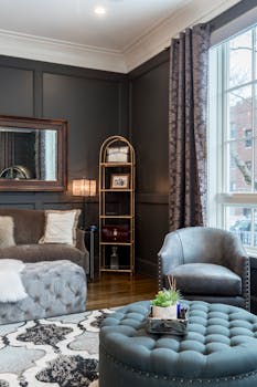 Vacant Gray Leather Tub Chair in Room