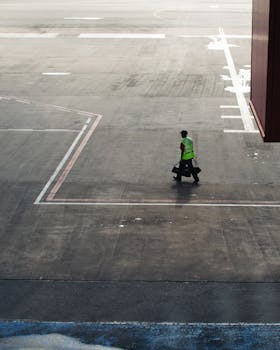 阳光明媚的机场停机坪上，巴西机场工作人员穿着高能见度装备行走着