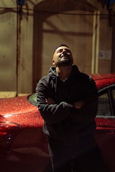 A man in a hoodie stands with arms crossed, leaning on a red car, looking up under streetlights in Tokyo.
