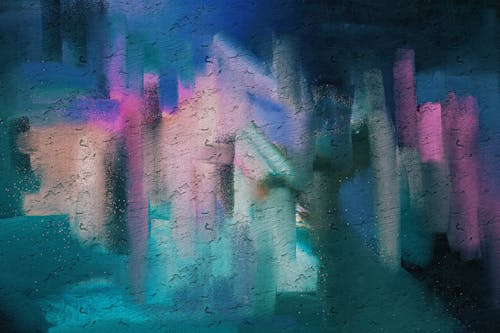 Abstract painting of a city with blue and purple lights