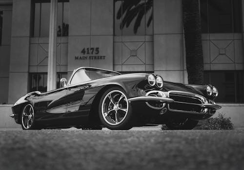 Black and white photo of a classic car