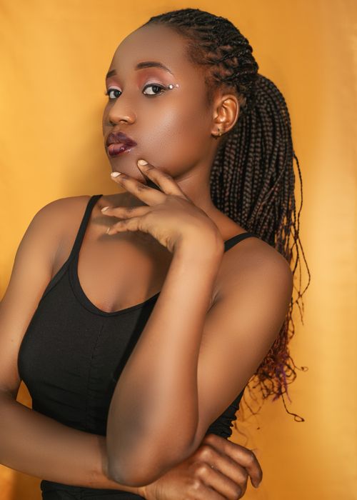 Free Stylish portrait of a woman with braided hair against a warm background, showcasing elegance and beauty. Stock Photo