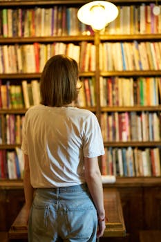图书馆里，女人看着书架，营造出温暖舒适的氛围