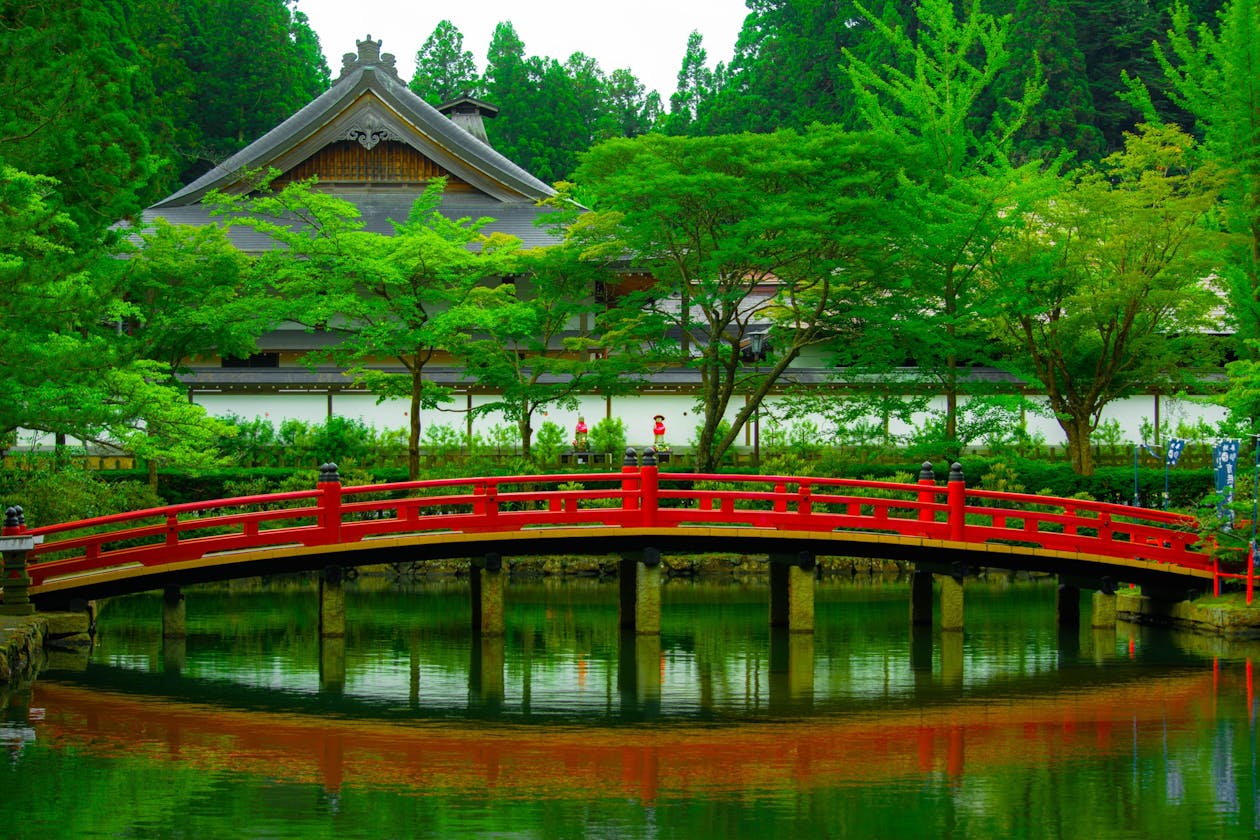 Serene Japanese garden with red bridge and reflective pond