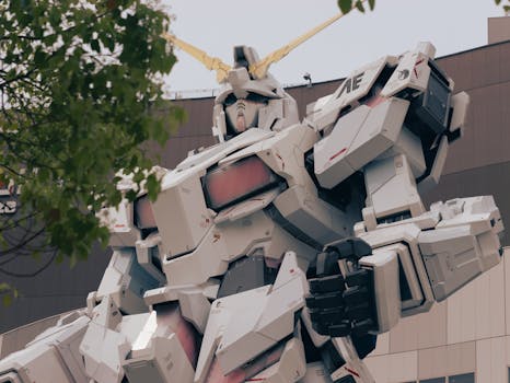 Low-angle shot of the iconic Gundam statue in Tokyo, surrounded by trees, symbolizing modernity.