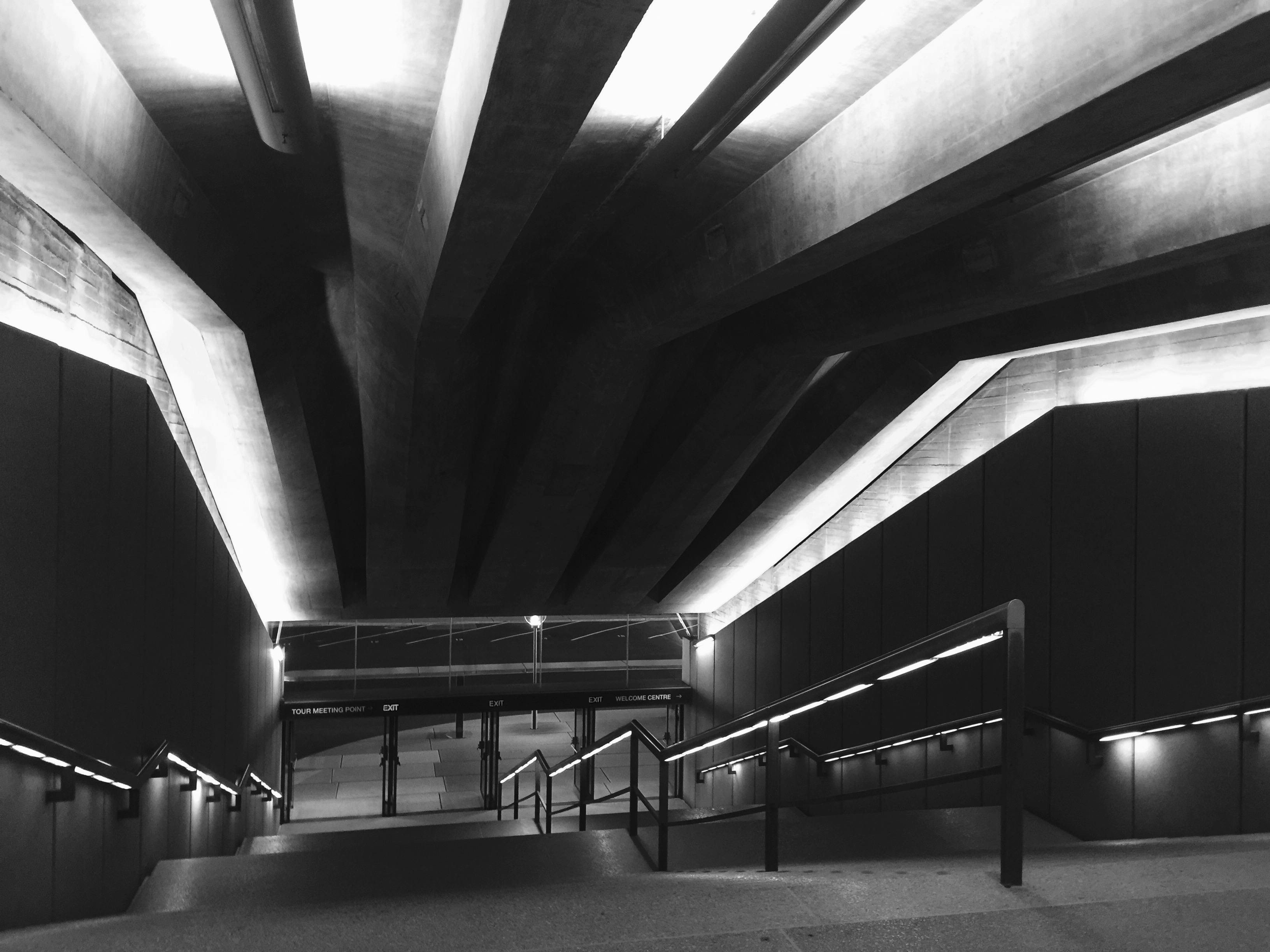 black and white photography of stairs