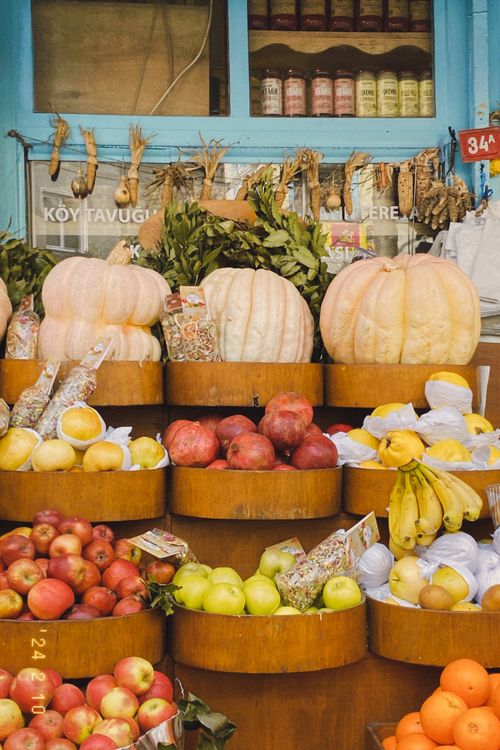 Free Vibrant autumn produce displayed at a traditional Istanbul market stall. Stock Photo