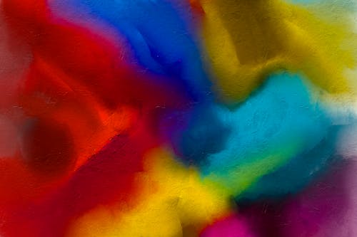 A colorful abstract painting with a red, blue and yellow background