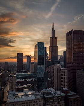 Breathtaking view of Chicago's iconic skyline with sunset hues.