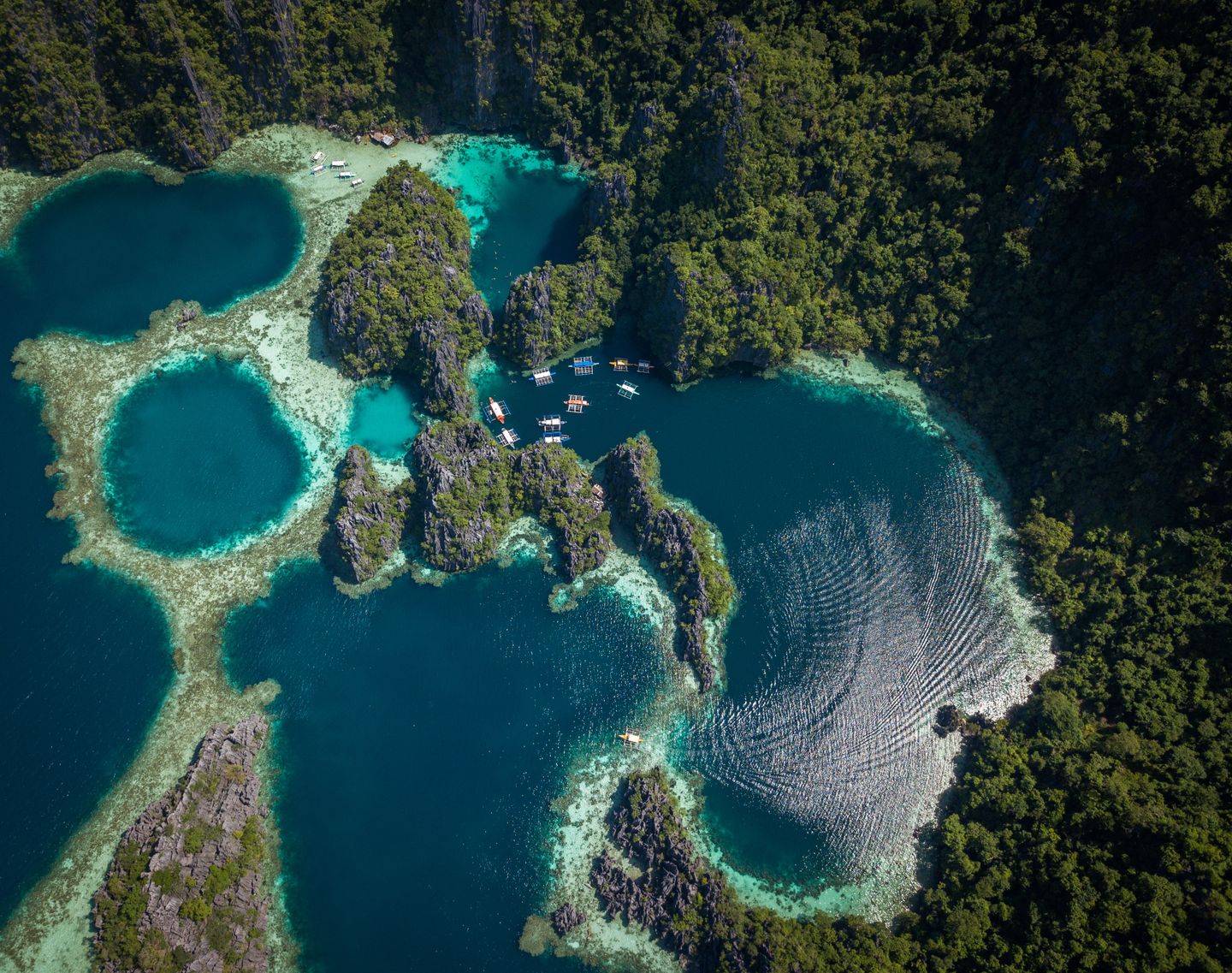 Luchtfoto van blauwe meren, rif en kalksteen bij Coron, Palawan