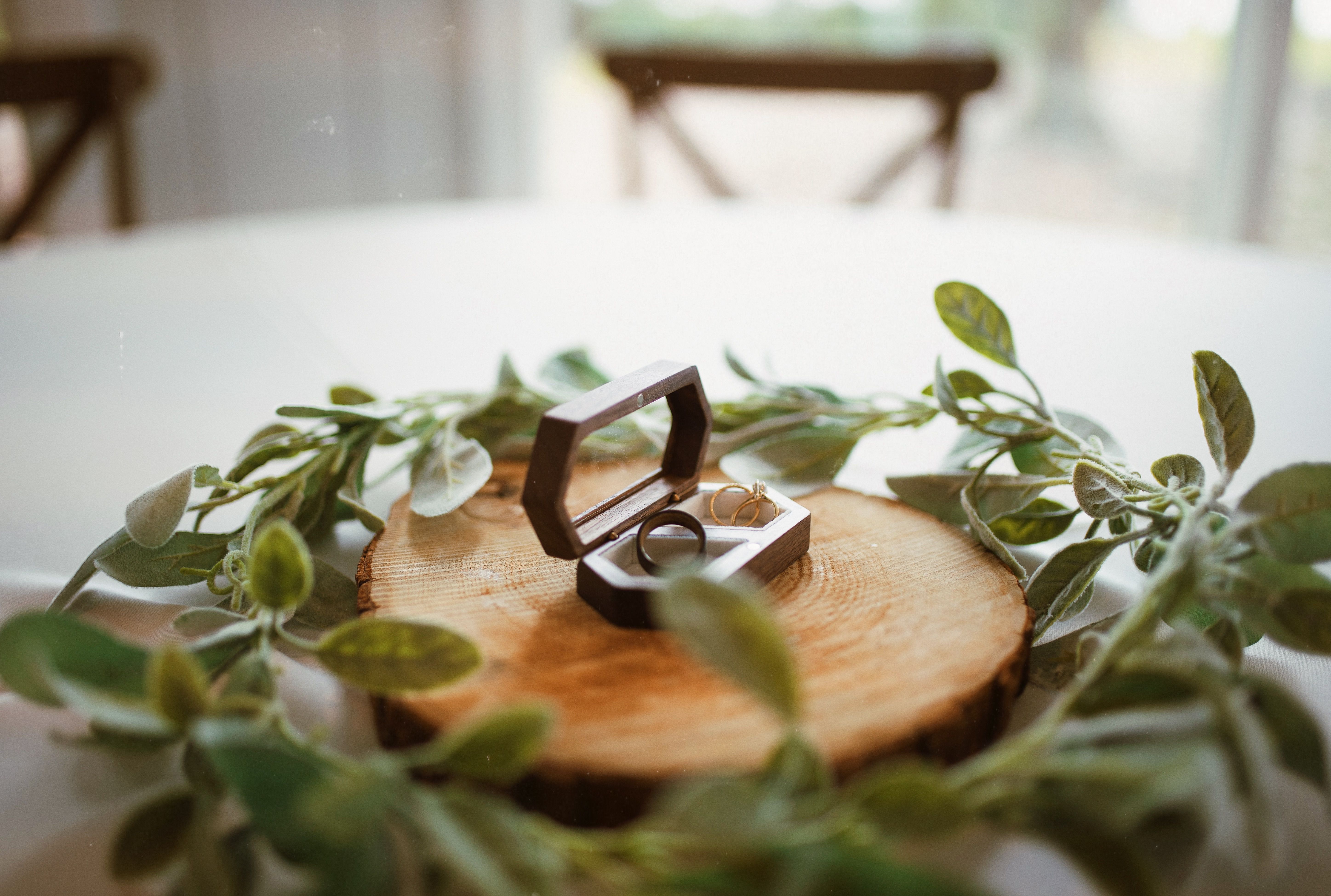 Close-up of wedding rings elegantly displayed on a rustic wood slice surrounded by greenery.