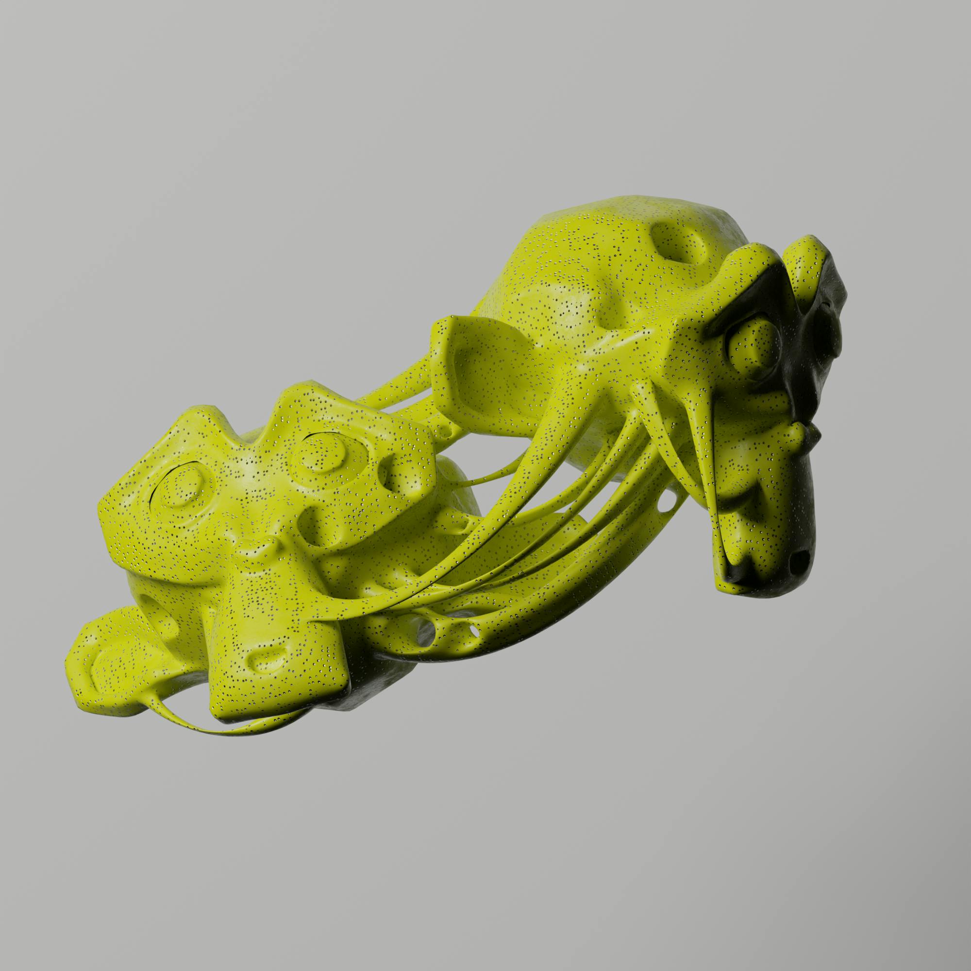 A vibrant yellow abstract 3D sculpture on a minimalist gray background, showcasing modern design.