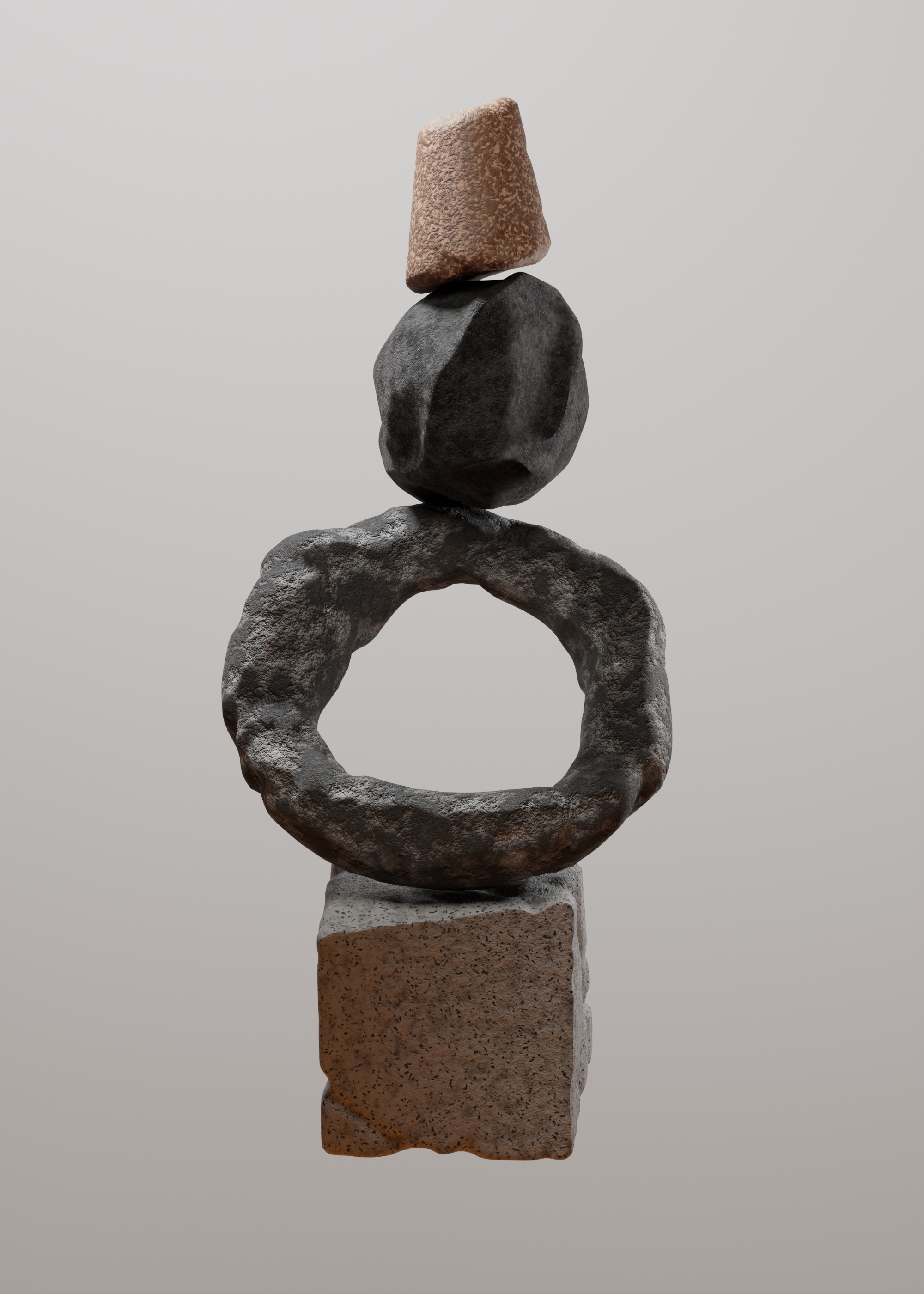 A peaceful abstract stone sculpture showcasing balancing stones in a studio setting.
