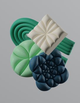 Vibrant geometric abstract art with colorful 3D shapes on a neutral background.