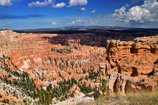 Stunning panoramic view of Bryce Canyon's unique rock formations under a bright summer sky.
