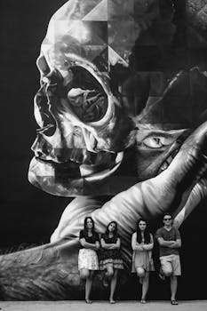 四个成年人在一幅大型黑白涂鸦壁画前摆姿势，壁画描绘的是头骨