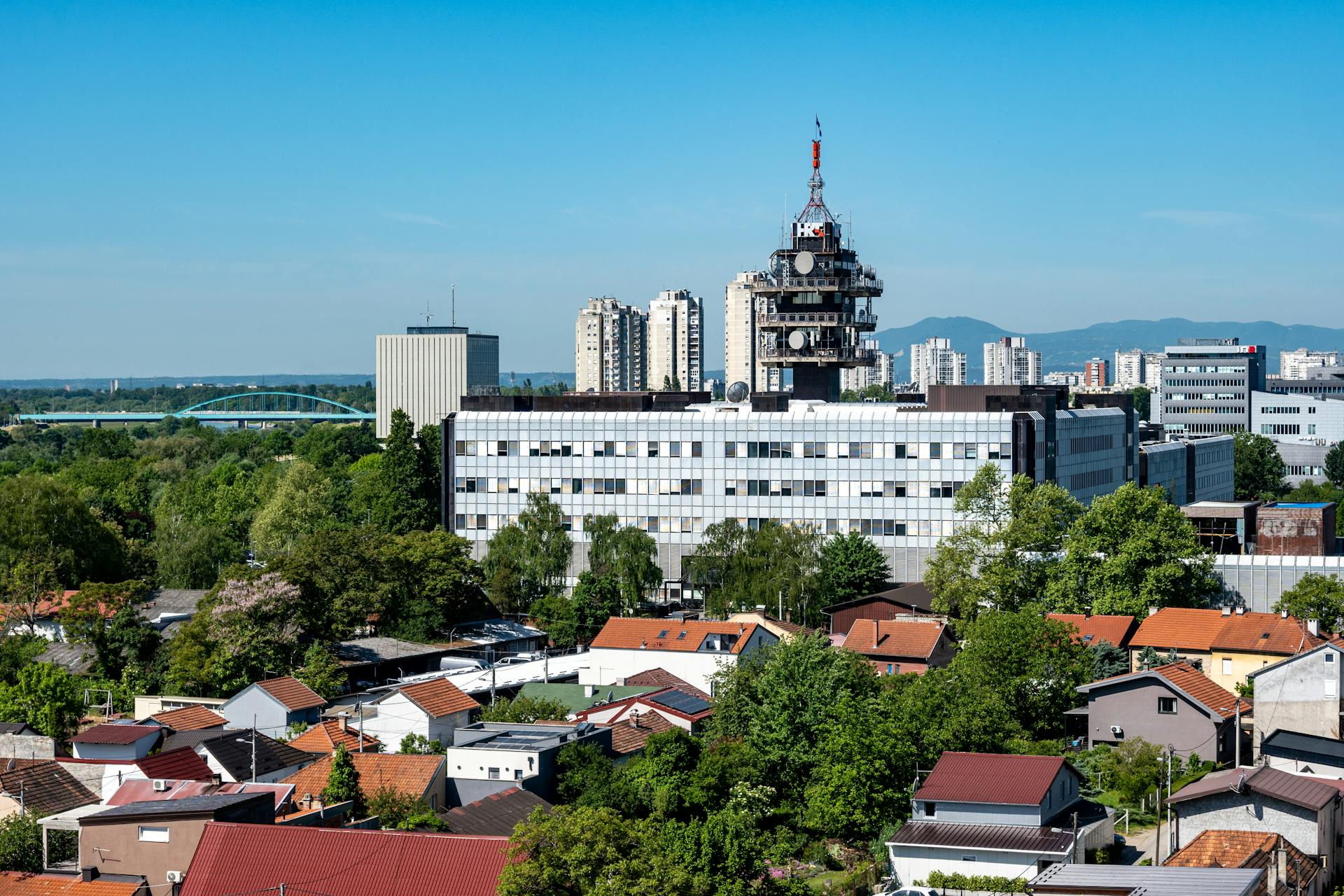 Headquarters of the Hrvatska Radiotelevizija and surrounding Houses in Summer