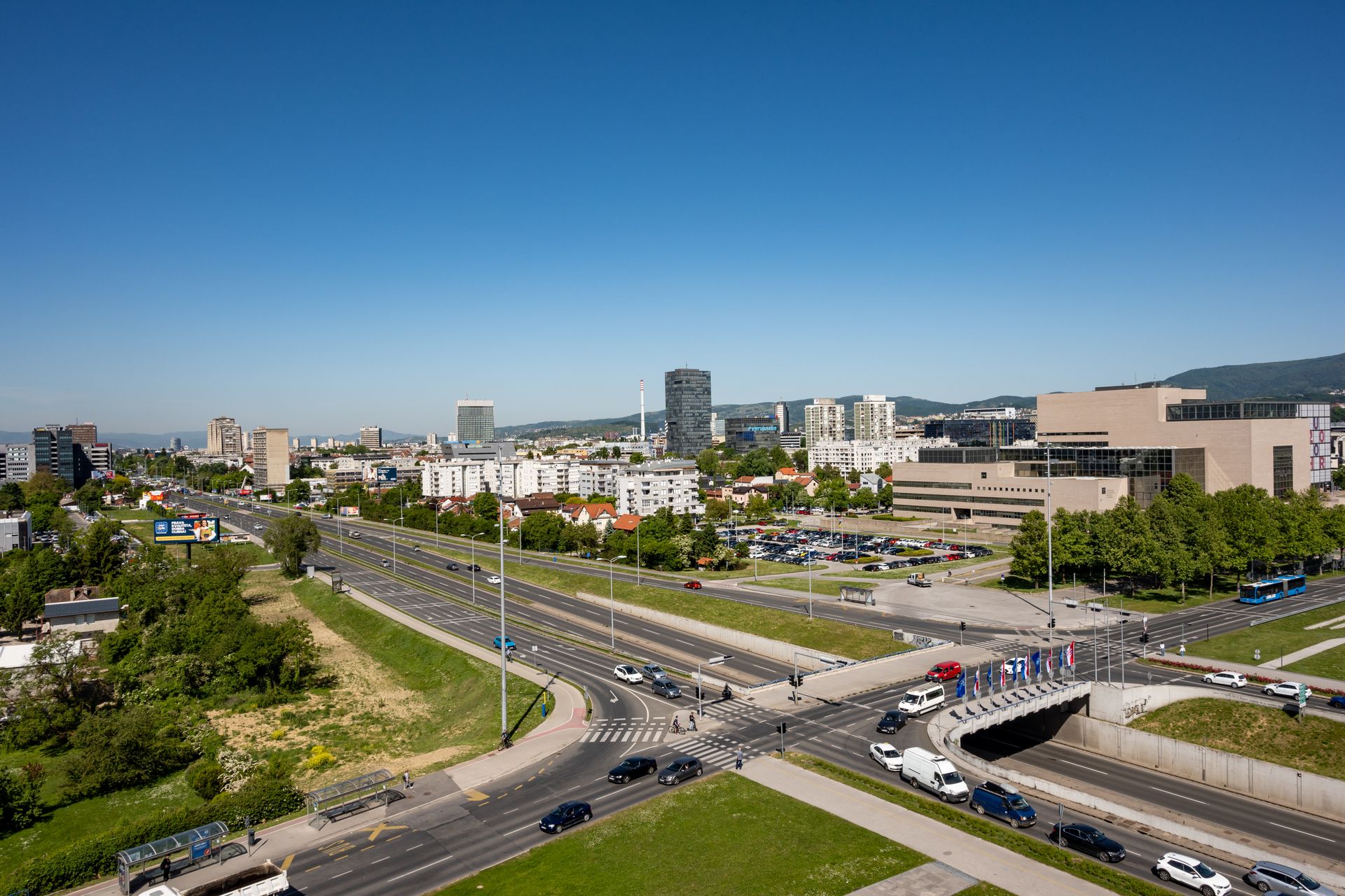 Leeds city view showing modern office buildings and historic architecture