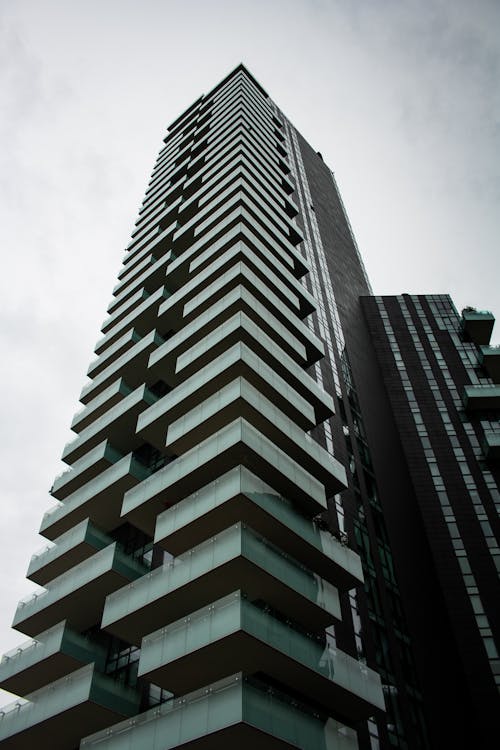 高層ビルのグレースケールローアングル写真