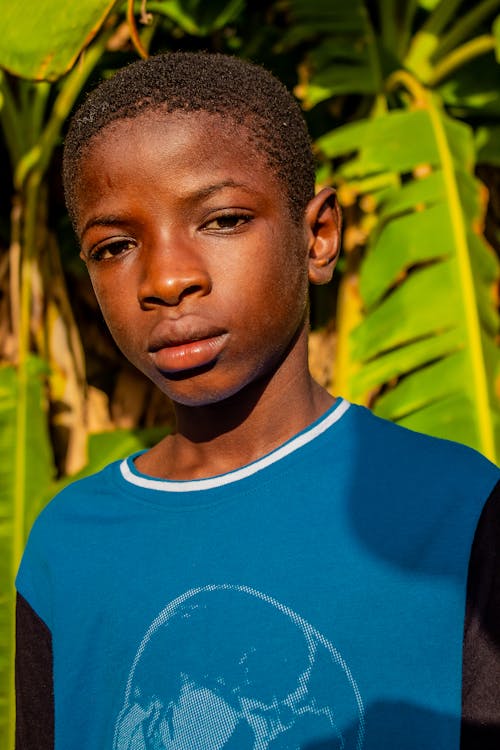 A young boy in a blue shirt standing in front of a palm tree