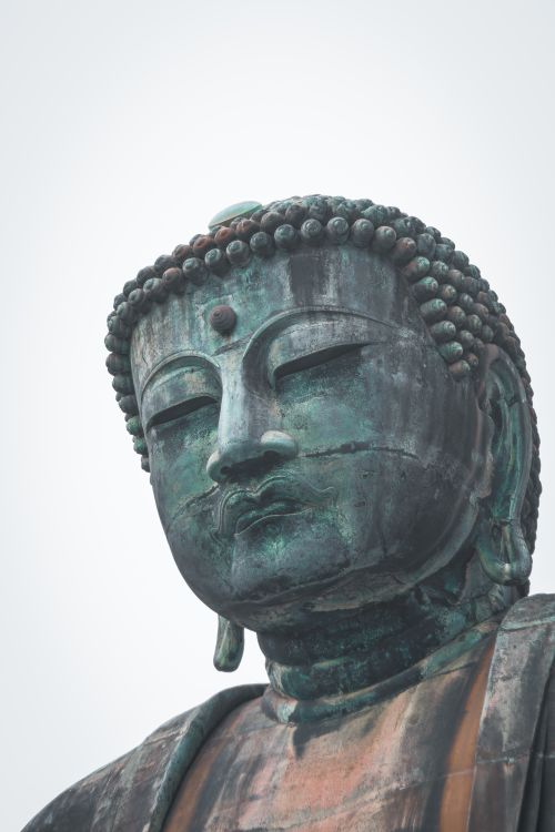 Free Detailed view of the Kamakura Daibutsu statue's head, showcasing serene expression and intricate details. Stock Photo