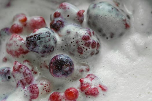 特写镜头中，新鲜浆果浸在奶油甜点里，突出了乌藨子和草莓的美味