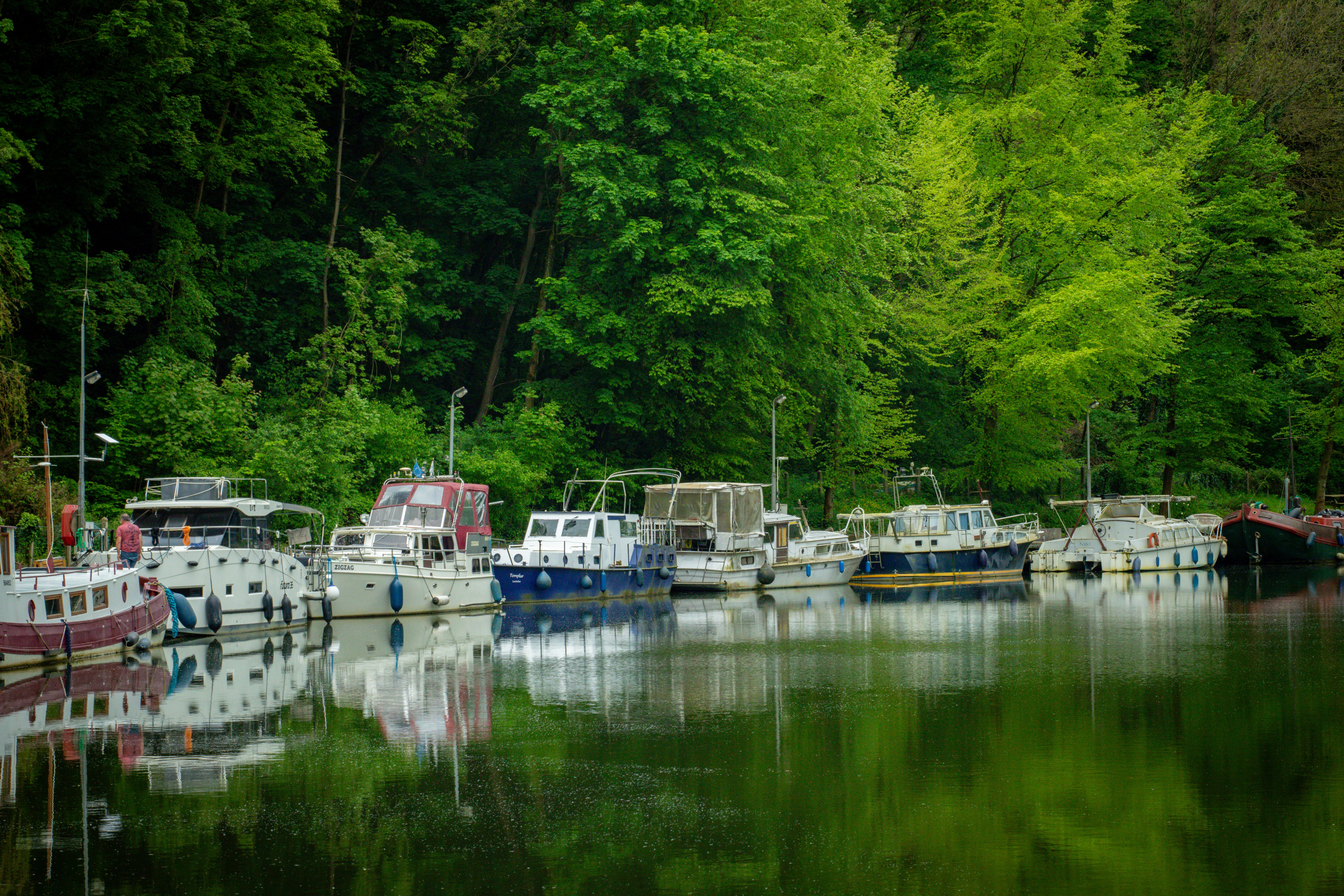 Scenic view of boats moored along a lush forested shoreline in Belgium, reflecting in the calm water.