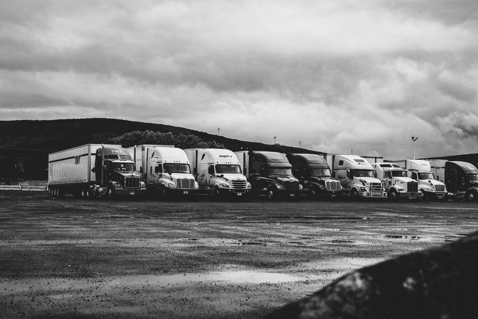 Row of parked freight trucks