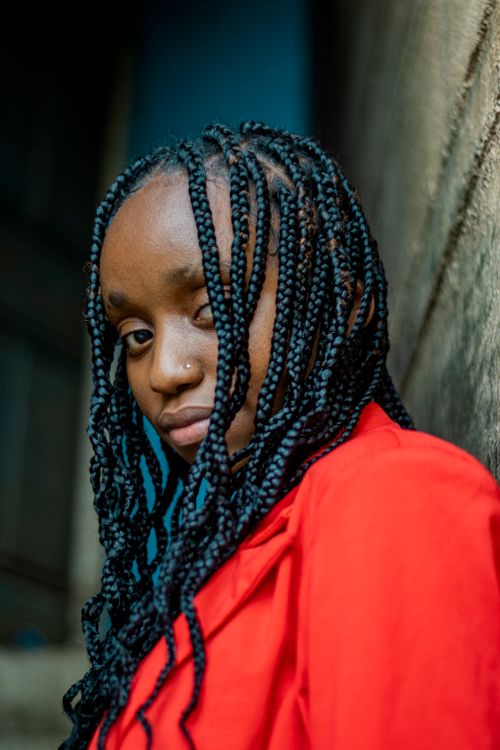 Free Close-up portrait of a young woman with braided hair wearing a red blazer, set in Nairobi. Stock Photo