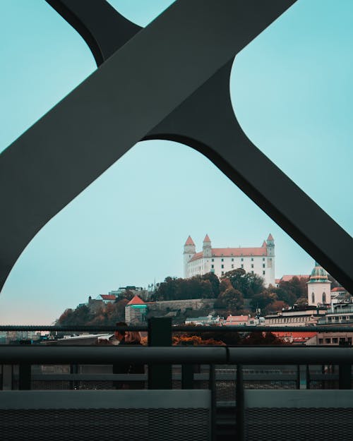 A picture of a castle on a bridge