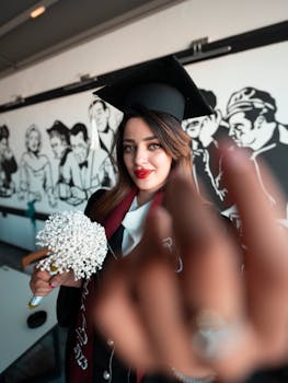 Young woman in cap and gown holding a bouquet, celebrating graduation indoors in Baghdad.