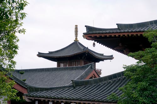 The roof of a building with a pagoda on top