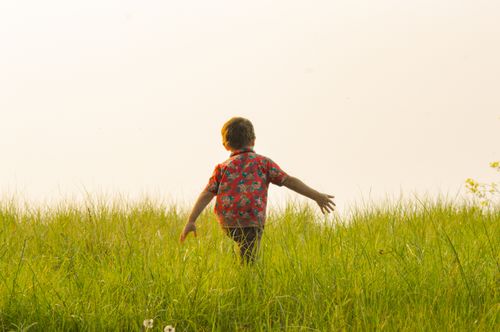 Free A joyful child in a floral shirt runs through a lush green meadow on a sunny day, embodying freedom. Stock Photo