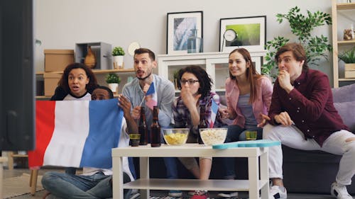 A group of people watching a soccer game with a french flag