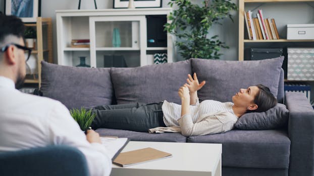 A woman in therapy, speaking with a psychologist while lying on a sofa, indoors.