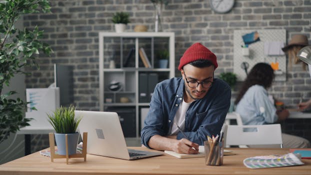 Casual young man working at a laptop in a stylish modern office, fostering creativity and collaboration.
