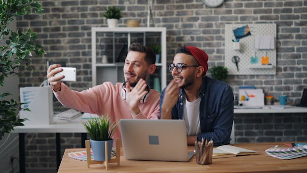 Two young men smiling and taking a selfie in a modern, creative office space.