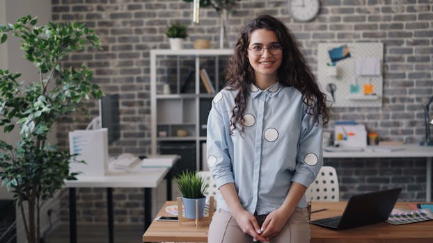 Smiling businesswoman with eyeglasses in a contemporary office environment, exuding confidence and professionalism.