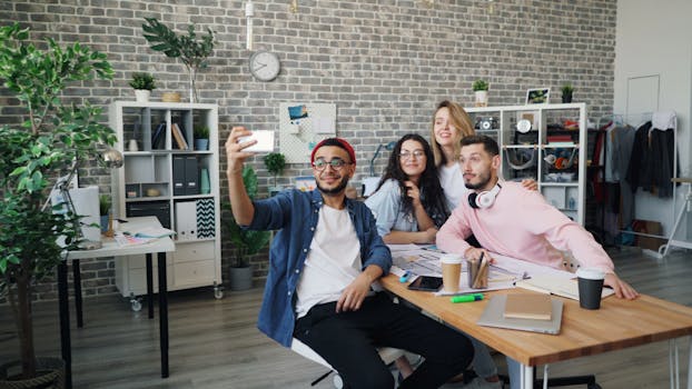 A diverse group of young professionals take a fun selfie in a trendy office space.