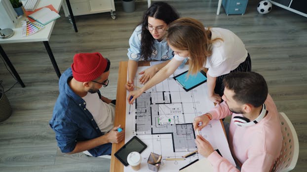 Young creative professionals discussing an architectural blueprint in a modern office setting.