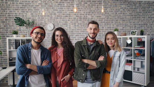 Diverse group of young professionals smiling in a trendy office environment.