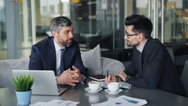 Two businessmen having a meeting with laptops, papers, and coffee at a modern office.