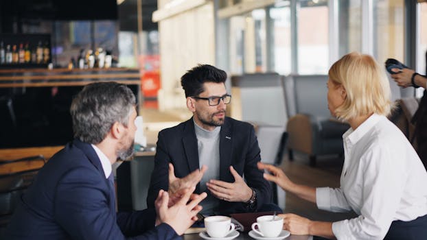 Colleagues having a strategic discussion over coffee in a stylish café.