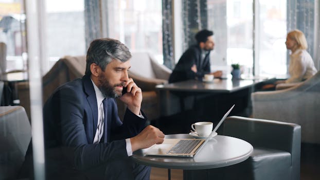 Professional businessman working remotely on a laptop in a modern café setting.